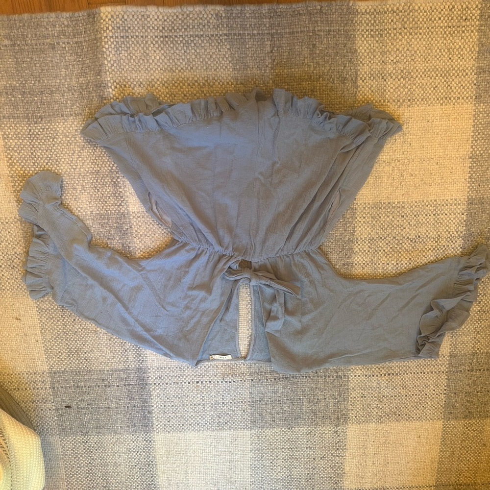 Blue Ruffled Tie-Front Blouse - Picture 3 of 4